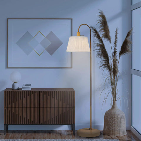 52 Inch Floor Lamp With Faux Wood Finish And White Pattern Shade Japandi Style next to modern decor in living room scene