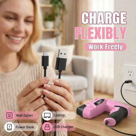 Woman holding USB-C and USB cables for Cordless 2 In 1 Electric Staple Gun And Brad Nailer Kit With 2000Mah Battery Fasteners.