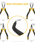 Heavy Duty Snap Ring Pliers Set, Four Piece Kit, 7 Inch Internal And External Circlip Pliers With Straight And Bent Jaw Options, 5/64 Inch Tip, For Ring Removal, Chrome Vanadium Steel Construction, Plus Durable Storage Pouch, showing pliers specifications and dimensions.