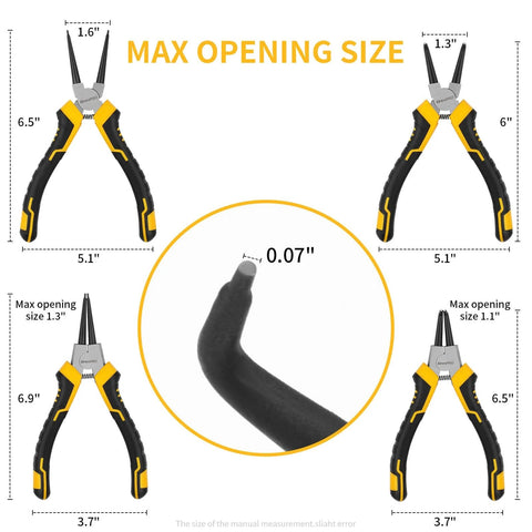 Heavy Duty Snap Ring Pliers Set, Four Piece Kit, 7 Inch Internal And External Circlip Pliers With Straight And Bent Jaw Options, 5/64 Inch Tip, For Ring Removal, Chrome Vanadium Steel Construction, Plus Durable Storage Pouch, showing pliers specifications and dimensions.
