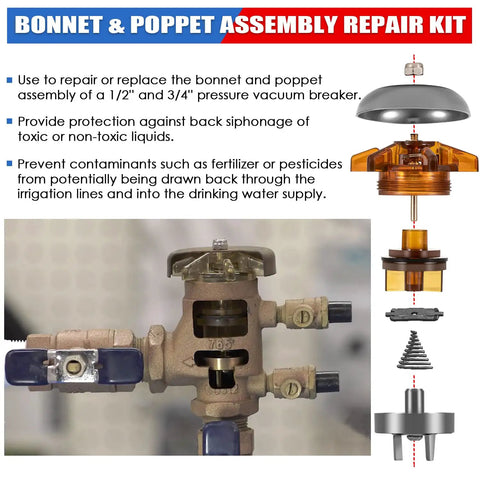 Bonnet And Poppet Assembly Repair Kit for DIY Friendly One Half To Three Quarters Inch Pressure Vacuum Breaker PVB 765CBV 765DBV