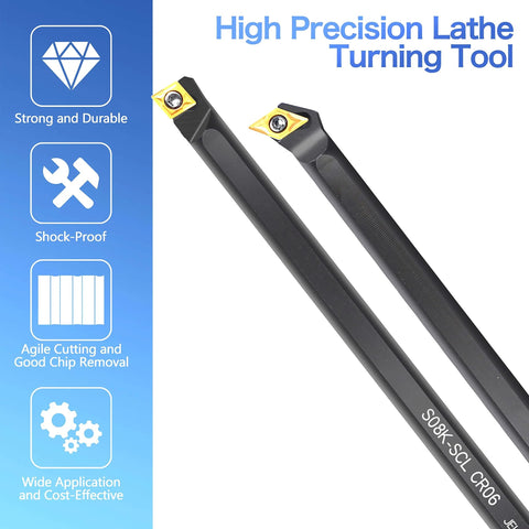 Pair of lathe turning tool holders with gold inserts, black metal, side view