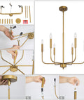 Gold Brass Six Light Chandelier For Dining Room And Living Room, Vintage Edison Bulbs Ready, assembly steps shown, 22.5 Inch Diameter