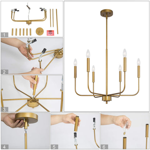 Gold Brass Six Light Chandelier For Dining Room And Living Room, Vintage Edison Bulbs Ready, assembly steps shown, 22.5 Inch Diameter