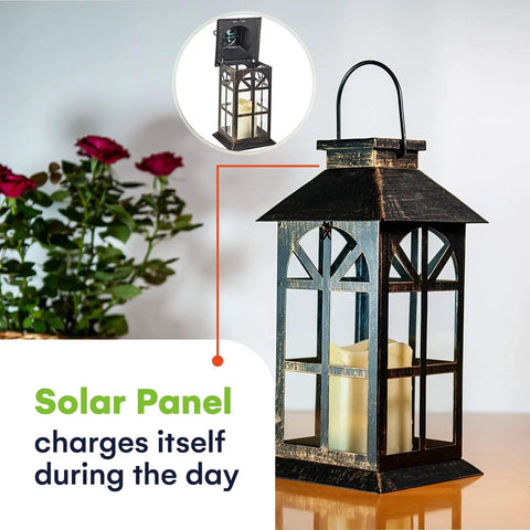 Bronze Hanging Solar Lanterns Two Pack Outdoor Waterproof Decorative Lanterns With Cozy Flickering LED Candles and Solar Panel