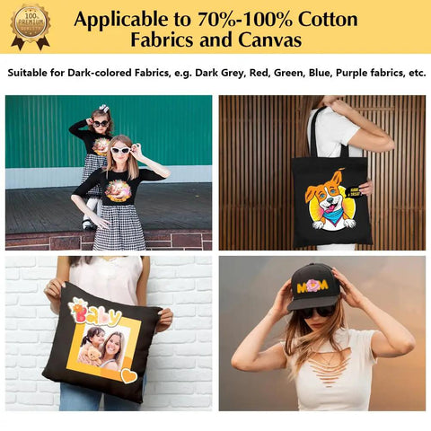 Dark T Shirt Transfer Paper Pack With 20 Sheets 8.5x11 And 2 Reusable Teflon Sheets For Inkjet Printers Printable HTV Iron On Vinyl For DIY Custom Tees applied on dark fabrics like shirts, tote bags, pillows, and hats.