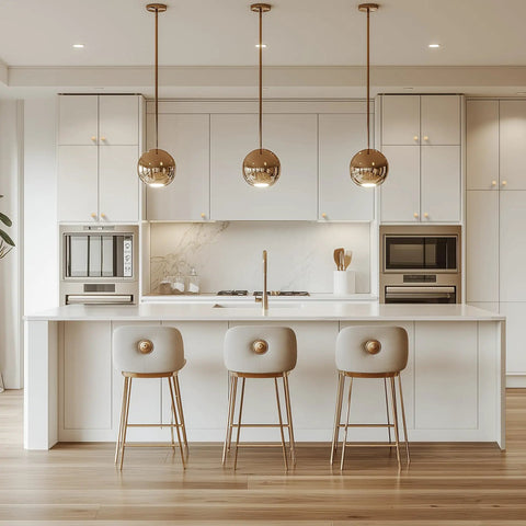 Modern kitchen with Champagne Bronze Cabinet Knobs Set, 20 Pack Zinc Round Hardware visible on white cabinets.
