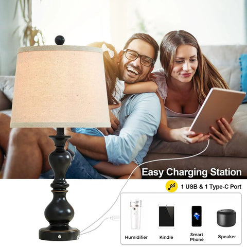 Get These Awesome 26 Inch Tall Rustic Black Farmhouse Table Lamps Set Of Two With Handy Usb Ports Perfect For Bedroom Living Room Study Office Adding Super Warm Cozy Vintage Charm To Your Home, lamp with family and charging ports.