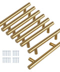 6 Inch T Shaped Bar Cabinet Pulls 8 Pack Stainless Steel Handles With 96mm Hole Center And 150mm Overall Length in gold finish with screws