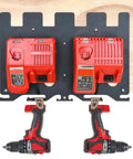 Heavy Gauge Metal Wall Mount Rack For Milwaukee 18V Battery And Dual Charger Stand With Cordless Drill Holder holding two chargers and drill.