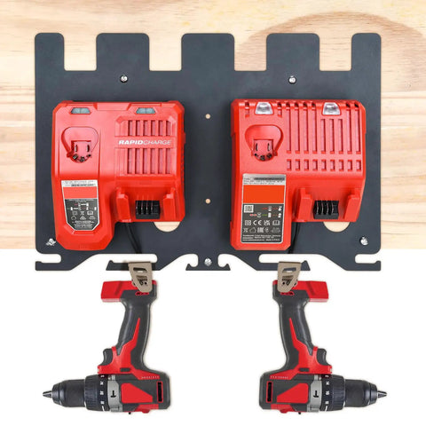 Heavy Gauge Metal Wall Mount Rack For Milwaukee 18V Battery And Dual Charger Stand With Cordless Drill Holder holding two chargers and drill.