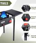 Two Burner Propane Camping Stove With One Touch Auto Ignition For Safer Easy Start, 150000 BTU, showing details and features