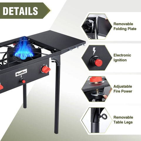 Two Burner Propane Camping Stove With One Touch Auto Ignition For Safer Easy Start, 150000 BTU, showing details and features