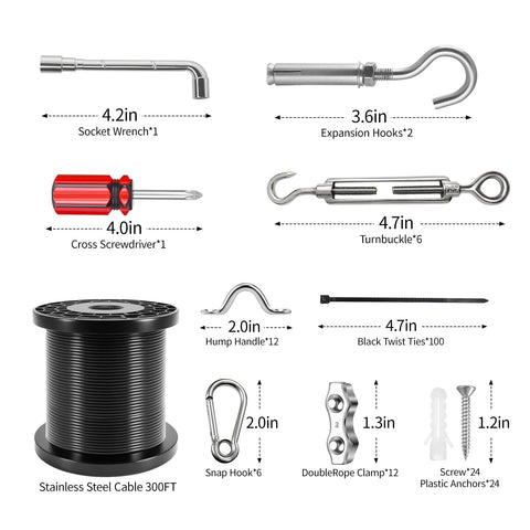 Backyard String Light Hanging Kit With 300 Feet Nylon Coated Stainless Steel Wire Rope Cable And Full Accessories components