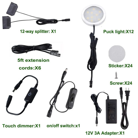 Slim LED Under Cabinet Lighting Puck Lights With Easy Install Touch Dimming 12V Hardwired Or Plug In UL Listed Adapter kit components