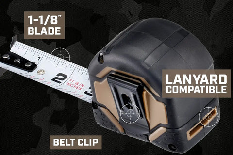 Pro Grade Tape Measure With One And One Eighth Inch Double Sided Blade Military Grade MIL X Coated Case Lanyard Clip