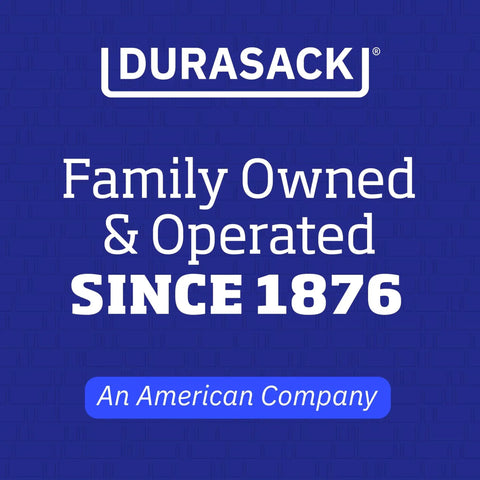Durasack logo, family owned since 1876, an American company, blue background