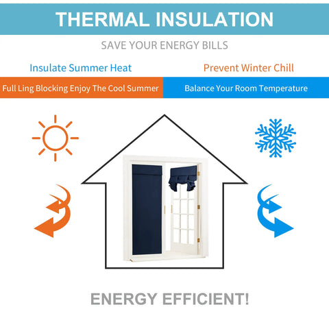 Self Sticky Blackout Curtain Panel For Windows And French Doors No Drill Easy Install Thermal Insulated Light Blocking And Energy Efficient Double Blind Navy 26 By 69 Inches One Panel With Included Straps installed on French doors.