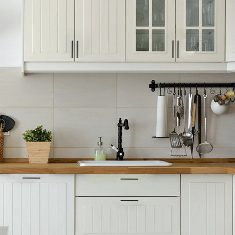 Modern kitchen with 10 Pack 5 Inch Matte Black Cabinet Pulls Zinc Alloy Drawer Handles on white cabinets, 128mm center to center.