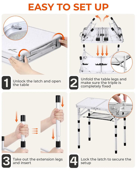 Step-by-step setup of adjustable camping table folding lightweight 5lb table with four height levels, compact 23.6x15.7 inches.