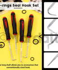 Four black and red handle hose removal hooks with various angled tips and O-rings on a yellow background with product branding.