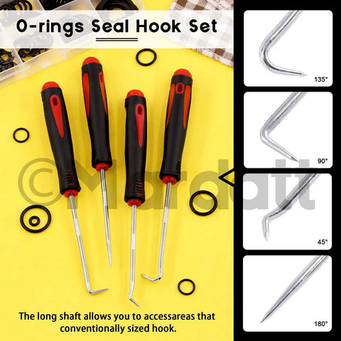 Four black and red handle hose removal hooks with various angled tips and O-rings on a yellow background with product branding.