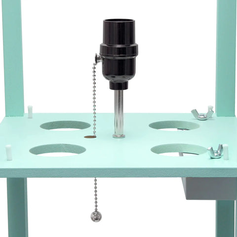 Close-up of Aqua Floor Lamp Etagere Organizer With Three Shelves And Linen Shade Built In USB Ports And Outlet Under Shade For Easy Device Charging Space Saving Dope Modern Lighting For Living Room Or Bedroom Pull Chain Switch showing lamp holder and shelf details.