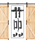 Heavy Duty 8 Foot Double Sliding Barn Door Track And Handle Kit with black rollers and wooden doors, showcasing installation components.