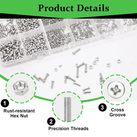 Pro Grade 600 Piece M1.4 Micro Screw Kit with nickel plated screws and nuts, precision threads, and cross groove design details
