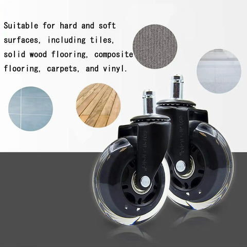 Two black rubber caster wheels designed for various flooring types, part of the Top Notch Office Chair Caster Wheels Replacement Rubber Casters Drop Straight In Smooth As Butter Heavy Duty Floor Safe Rollers Clean Upgrade For Gaming Desk Chairs Set Of Five.