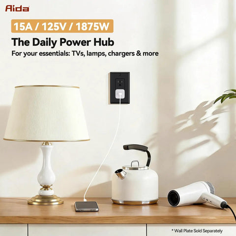 Slick Glossy Black Decorator Wall Outlet 10 Pack Features Tamper Resist Shutters Self Grounding 15 Amp Residential Grade mounted with lamp and kettle