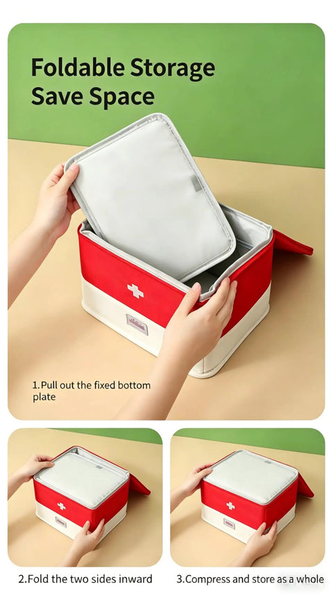 Go To Travel Medicine Bag Organizer For Empty First Aid Kit And Medical Supplies Portable Kit For Travel Car Home Camping Office Hiking Outdoor Use Red Case being folded and stored