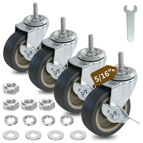 Top Shelf 3 Inch TPR Threaded Stem Castors 5 16 18 X 1 Set Of 4 with parking brake, includes nuts and washers, ideal for office chair carts.