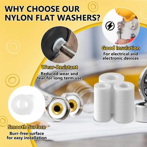 Must Have Plastic Washers Set With 1200 Pcs Nylon Insulating Spacers M2 To M10 White Gasket Kit For Electrical Wiring Repairs And DIY Projects Perfect For Home DIYers Hobbyists And Pro Electricians To Prevent Shorts. Nylon flat washers set for electrical insulation, white stacks and installed examples