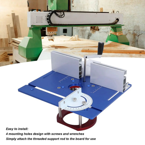 Dead On Aluminum Router Table Insert Plate That Clicks Securely Into Woodworking Rigs Matching Sixty Four To Sixty Five Mm Motors And Dishing Out Fifty One Mm Lift Stroke In Bold Blue on workbench with mounting holes.