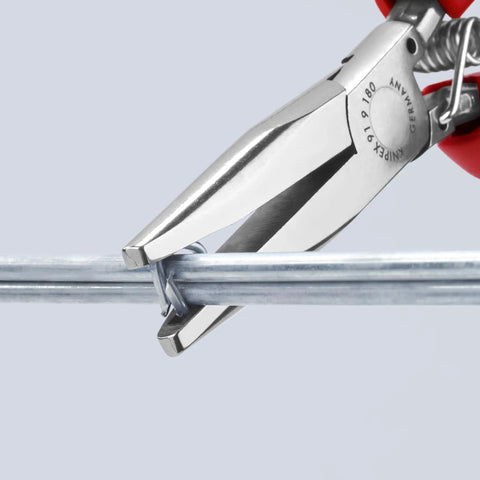 Close-up of Pro Grade 7 Inch Hog Ring Upholstery Pliers for Automotive Seats and Trim Heavy Duty Tool securing hog rings.