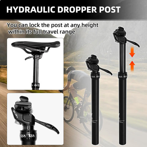 Cable-Less Hydraulic Dropper Seatpost For MTB E-Bike And Road Bikes, Dia 27.2mm 30.9mm 31.6mm, Travel 100mm 120mm 125mm, Length 383mm.