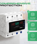 Automatic Transfer Switch 63A 110V for Power Outages With DIN Rail Mount, showing LED display and protection features.