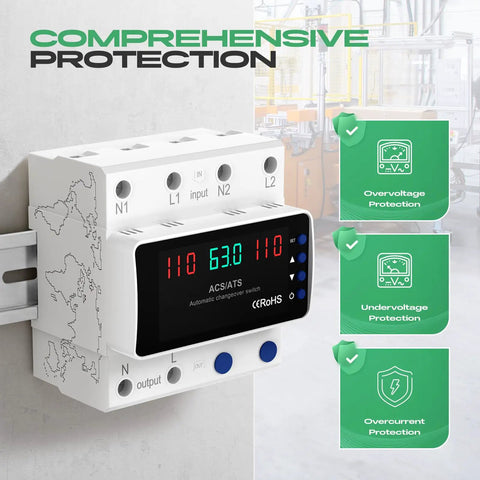 Automatic Transfer Switch 63A 110V for Power Outages With DIN Rail Mount, showing LED display and protection features.