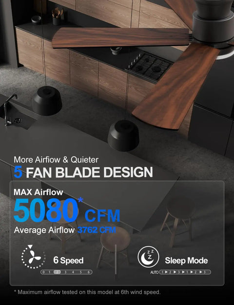52 Inch Black Ceiling Fan With Lights, Flush Mount Hugger Design, Remote, blades in modern kitchen, airflow stats