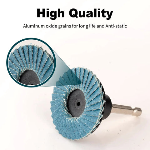 Close-up view of a Heavy Duty 100 Pack 2 Inch Flap Discs For Die Grinder Kit With 36 60 80 120 Grits Roll Lock Sanding Discs.