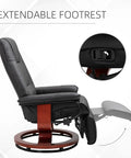 Side view of Swivel Recliner Chair With Retractable Footrest In PU Leather On Wood Base, extended footrest visible