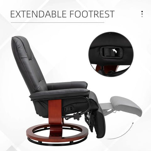 Side view of Swivel Recliner Chair With Retractable Footrest In PU Leather On Wood Base, extended footrest visible