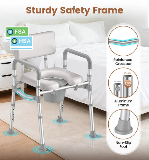 Sturdy Bedside Commode With Hella Comfy Foam Cushion And Adjustable Backrest Extra Wide Non Slip Armrests Aluminum Build For Stress Free Home Bathroom Visits