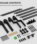 10 Feet Bypass Sliding Barn Door Hardware Kit for Double Wooden Doors, components layout with black powder coat finish, screws included
