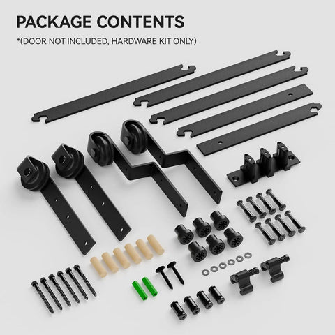 10 Feet Bypass Sliding Barn Door Hardware Kit for Double Wooden Doors, components layout with black powder coat finish, screws included