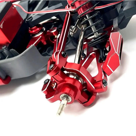 Rock Solid Metal C Hub Carrier And Caster Block Upgrade Kit For 1/10 Scale RC Cars Hella Durable Steering Parts Killer Red Aluminum parts close-up.