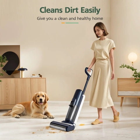 Woman using S5 Replacement Brush Rollers And HEPA Filter Set For Floor One S5 Pro Cordless Wet Dry Vacuum Cleaner on floor with dog
