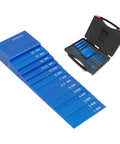 Top Shelf High Precision Metric Setup Blocks, Durable Anodized Aluminum Height Gauge Set For Router And Table Saw Fine Tuning, Laser Etched 15 Piece Kit displayed in blue with case.