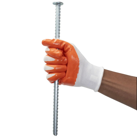 14 Inch Rebar Spikes Kit 1/2 Inch Diameter Pack Of 16 Tough As Nails Galvanized Steel Asphalt Mounting Hardware in orange-gloved hand
